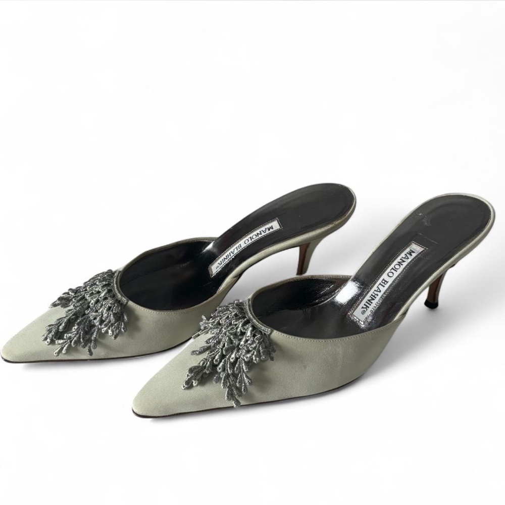 Manolo Blahnik Gray Mules with Embellished Design